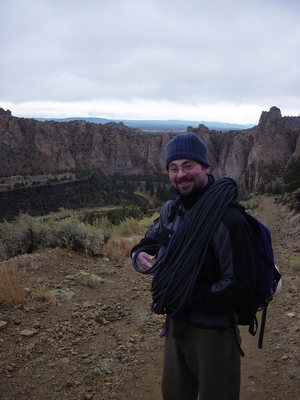 Joel Hass trying to stay warm and cheerful after hiking out to Koala Rock - Smith Rock - Climbing Oregon